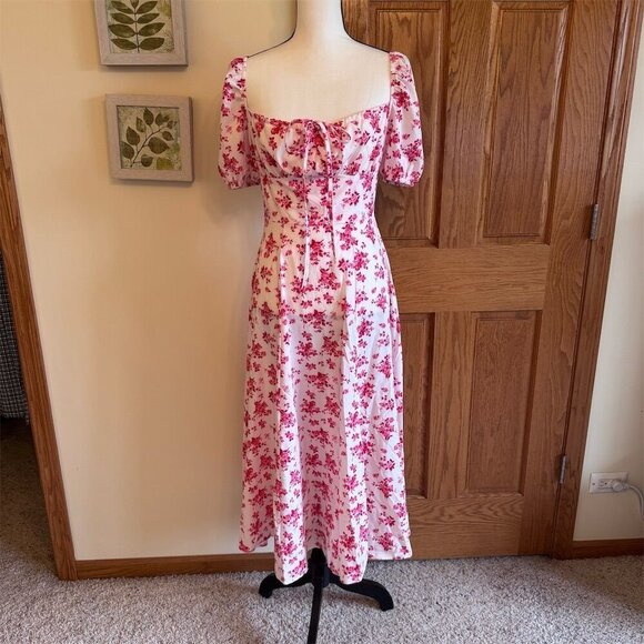 Shein Women's Pink Floral Puff Sleeve Maxi Dress Milkmaid Style Size S 4 Dainty - Picture 1 of 11